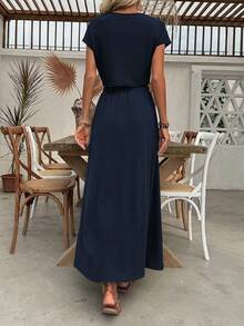 EMERY ROSE Women's Solid Color Cropped Top And Skirt 2 Pieces Vacation/Casual Set Navy Blue - Navy Blue - View 2