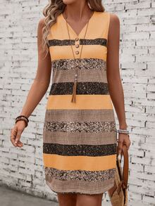 EMERY ROSE Women's Striped V-Neck Button Front Camisole Dress, Random Printed - Multicolor - View 5