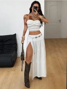 Coolane Women's All-Season Lace Side Slit Skirt For Concerts, Rave Parties, Music Festivals, Outings, Renaissance Fairs, Suitable For Vacations, Western Style, Y2K Textured Fabric Long White Slit Bohemian Skirt - White - View 5