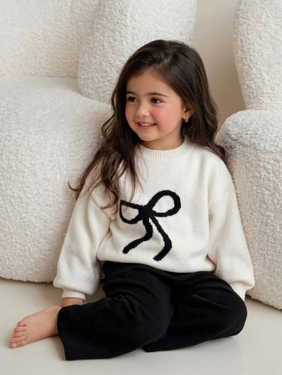 Dazy Kids Young Girls Fashion Bow Decor Drop Shoulder Lantern Sleeve Crew Neck Sweater