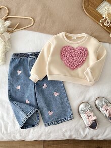 SHEIN طقم كاجوال للبنات الرضع من سويت شيرت بأكمام طويلة مزين بقلب ثلاثي الأبعاد وبنطلون جينز، طقم جينز متطابق - متعدد الألوان - مشاهدة 4