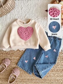 SHEIN طقم كاجوال للبنات الرضع من سويت شيرت بأكمام طويلة مزين بقلب ثلاثي الأبعاد وبنطلون جينز، طقم جينز متطابق - متعدد الألوان - مشاهدة 1