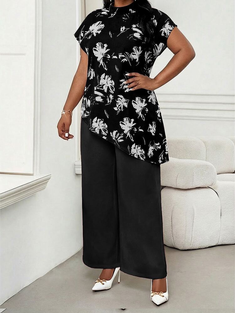 SHEIN Lady Plus Size Women's Fashion Black And White Floral Print Asymmetrical Hem Top , Elegant Formal Party Summer - Black - View 3