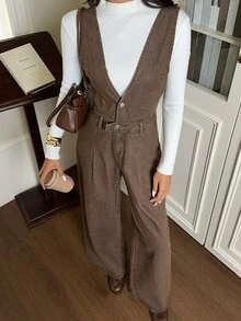 Rivivi Fashion Casual Washed Denim Versatile Jumpsuit - Brown - View 7