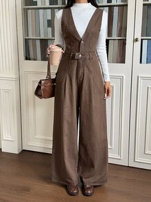 Rivivi Fashion Casual Washed Denim Versatile Jumpsuit - Brown - View 2