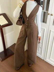 Rivivi Fashion Casual Washed Denim Versatile Jumpsuit - Brown - View 5