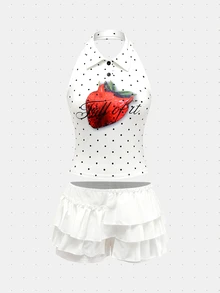 Nooralise Women's Vintage Sweet Straw Hat Print Halter Neck Tank Top And Skirt Set - White - View 5