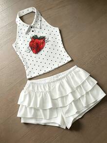 Nooralise Women's Vintage Sweet Straw Hat Print Halter Neck Tank Top And Skirt Set - White - View 4