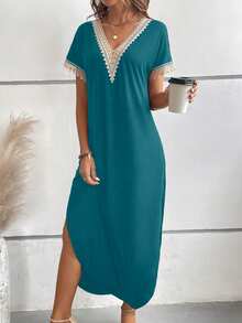 EMERY ROSE Guipure Lace Panel Split Thigh Tee Dress Maxi Women Outfit Holiday Vacation Teal Blue Summer Casual - Blue - View 5