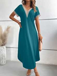 EMERY ROSE Guipure Lace Panel Split Thigh Tee Dress Maxi Women Outfit Holiday Vacation Teal Blue Summer Casual - Blue - View 4
