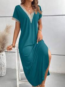 EMERY ROSE Guipure Lace Panel Split Thigh Tee Dress Maxi Women Outfit Holiday Vacation Teal Blue Summer Casual - Blue - View 7