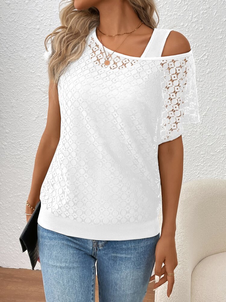 EMERY ROSE Women's Lace Spliced 2 In 1 Asymmetrical Neck Top For Holiday Party Clothes - White - View 7