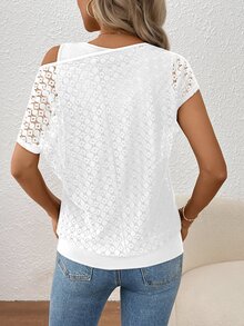 EMERY ROSE Top asimétrico de 2 en 1 con encaje para mujer, atuendo para fiesta de vacaciones - Blanco - Ver 2