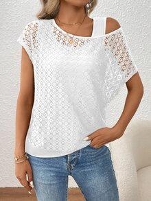 EMERY ROSE Top asimétrico de 2 en 1 con encaje para mujer, atuendo para fiesta de vacaciones - Blanco - Ver 3