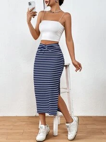 EMERY ROSE Summer Casual Striped Twist Slit Mid-Length Skirt - Navy Blue - View 5