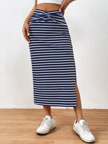 EMERY ROSE Summer Casual Striped Twist Slit Mid-Length Skirt - Navy Blue - View 6