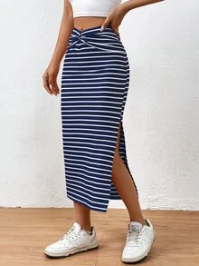 EMERY ROSE Summer Casual Striped Twist Slit Mid-Length Skirt - Navy Blue - View 3