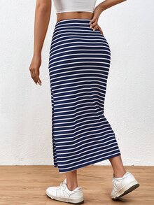 EMERY ROSE Summer Casual Striped Twist Slit Mid-Length Skirt - Navy Blue - View 2