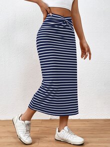 EMERY ROSE Summer Casual Striped Twist Slit Mid-Length Skirt - Navy Blue - View 4