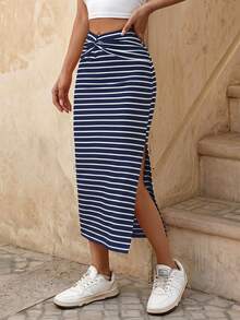 EMERY ROSE Summer Casual Striped Twist Slit Mid-Length Skirt - Navy Blue - View 1