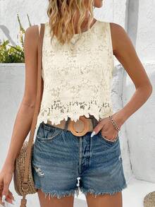 EMERY ROSE 女士夏季花卉蕾丝无袖圆领时尚衬衫 - 黃色 - 查看 7