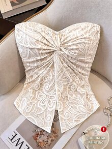 Franclia 女士性感扭结抹胸露脐上衣，开衩下摆，夏季衬衫，春季服装，假日服饰，派对上衣，沙滩装，优雅衬衫，休闲上衣，海滩度假装，夏季假日服装，社交衬衫，荷叶边下摆上衣，波点衬衫，香槟色上衣，抹胸上衣，扭结前襟上衣，性感衬衫，Y2K - 白色 - 查看 1