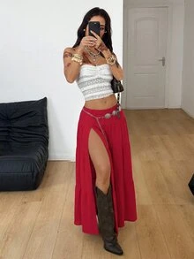 Coolane 夏季女款街頭風休閒復古度假波希米亞紅色開衩裙，度假女裝 - 紅色 - 查看 5