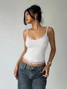 Aloruh Women's Solid Color Lace Patchwork Camisole, Summer With Padded Bra, Top, White Tops For Tank - White - View 6