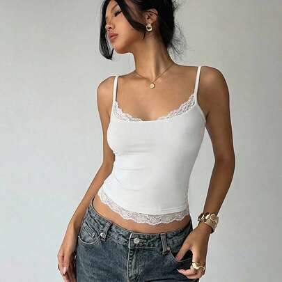 Aloruh Women's Solid Color Lace Patchwork Sexy Camisole, Summer Camisole With P…