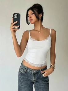 Aloruh Women's Solid Color Lace Patchwork Camisole, Summer With Padded Bra, Top, White Tops For Tank - White - View 3