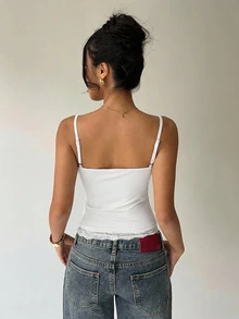Aloruh Women's Solid Color Lace Patchwork Camisole, Summer With Padded Bra, Top, White Tops For Tank - White - View 5