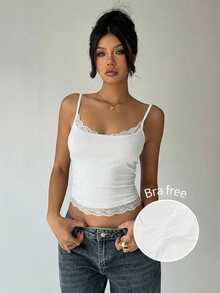Aloruh Women's Solid Color Lace Patchwork Camisole, Summer With Padded Bra, Top, White Tops For Tank - White - View 2