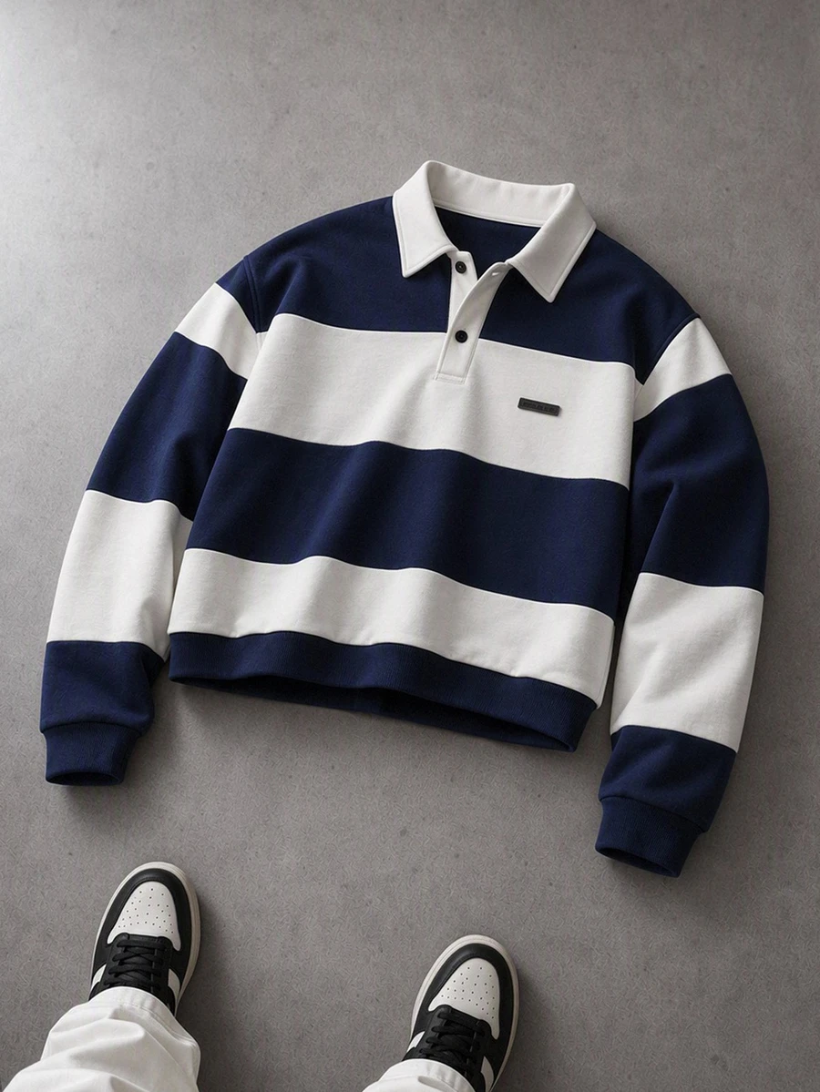 NEON BLANC Men's Knitted Fashion Casual Loose Long Sleeve Half-Zip Sweatshirt - Blue and White - View 1
