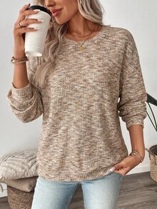 SHEIN LUNE 女款彩色華夫格針織套頭運動衫，秋季 - 卡其色 - 查看 5
