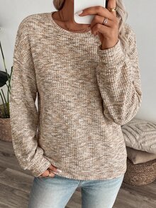 SHEIN LUNE 女款彩色華夫格針織套頭運動衫，秋季 - 卡其色 - 查看 6