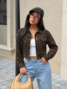 SHEIN 青少年女孩豹紋牛仔領短版寬鬆長袖夾克 Y2K 秋冬休閒返校萬聖節新年款 - 棕色 - 查看 6