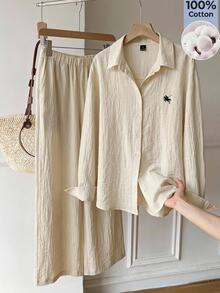 SHEIN EZwear 米色編織騎士刺繡長袖單排扣襯衫與長褲休閒套裝，適合居家、度假、秋季穿著 - 杏色 - 查看 3