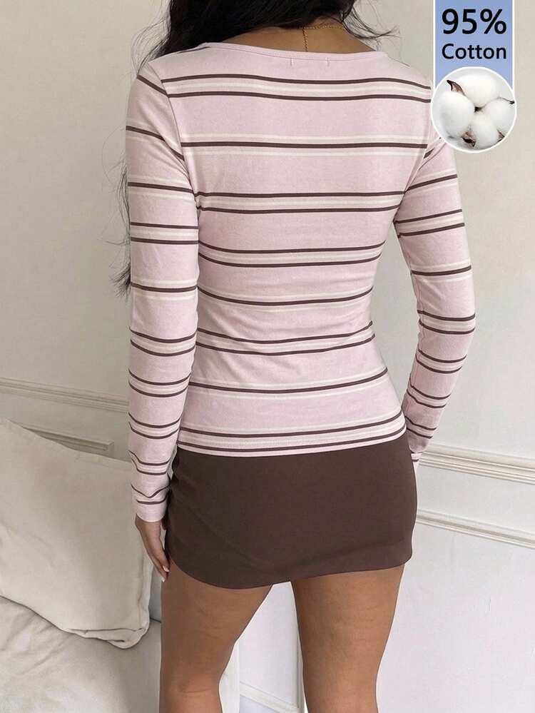 CovetEZ Casual Minimalist Style Pink & Brown Striped Print Pattern 95% Cotton Full Print Women's Square Neck Long Sleeve T-Shirt, Suitable For Autumn/Winter, Versatile Layering - Multicolor - View 2