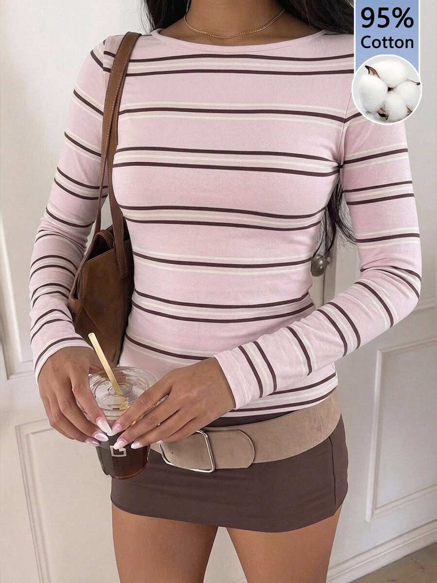 CovetEZ 休閒學院風粉色與棕色條紋印花圖案 95%棉 全印花 女款方領長袖T恤 適合秋季校園 - 彩色 - 查看 1