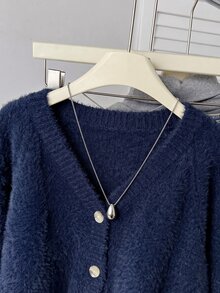 SHEIN 少女鈕扣長袖針織開襟衫，簡約時尚百搭 - 藏蓝色 - 查看 5