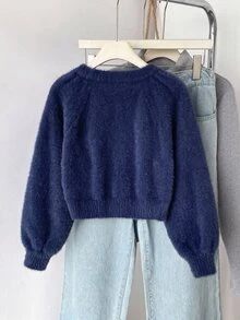 SHEIN 少女鈕扣長袖針織開襟衫，簡約時尚百搭 - 藏蓝色 - 查看 2