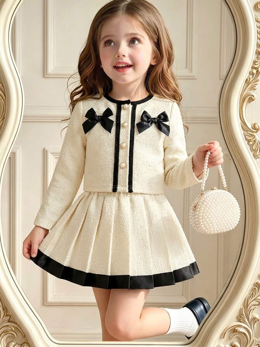 SHEIN Elladie kids 2Pcs Set Girlss Outerwear Co-Ords Back To School Fall - Apricot - View 1