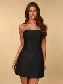 SHEIN BAE Spring/Summer / Black / Lace Cape Square Neck Cinched Waist A-Line Short Dress / Elegant Style Suitable For Romantic Dates, Weddings, Parties, Light Business Occasions - Black - View 7