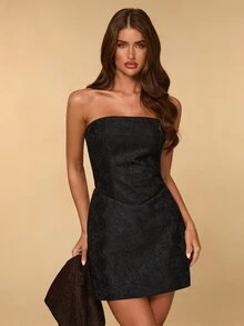 SHEIN BAE Spring/Summer / Black / Lace Cape Square Neck Cinched Waist A-Line Short Dress / Elegant Style Suitable For Romantic Dates, Weddings, Parties, Light Business Occasions - Black - View 6