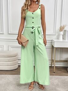 INAWLY Mono suelto y casual de pierna ancha con botones y abertura media para mujer, unicolor de verano - verde menta - Ver 3