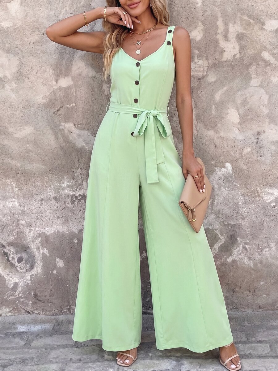 INAWLY Mono suelto y casual de pierna ancha con botones y abertura media para mujer, unicolor de verano - verde menta - Ver 1