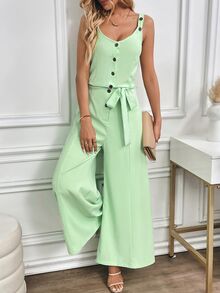 INAWLY Mono suelto y casual de pierna ancha con botones y abertura media para mujer, unicolor de verano - verde menta - Ver 6