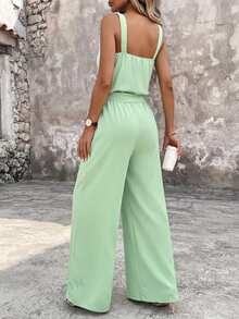 INAWLY Mono suelto y casual de pierna ancha con botones y abertura media para mujer, unicolor de verano - verde menta - Ver 2