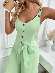 INAWLY Mono suelto y casual de pierna ancha con botones y abertura media para mujer, unicolor de verano - verde menta - Ver 4