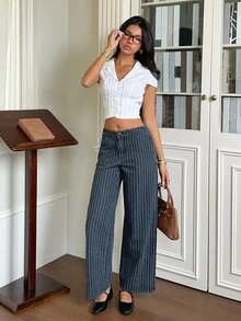 Rivivi Women's Fashion Striped Print Washed Denim Wide Leg Pants - Dark Grey - View 6